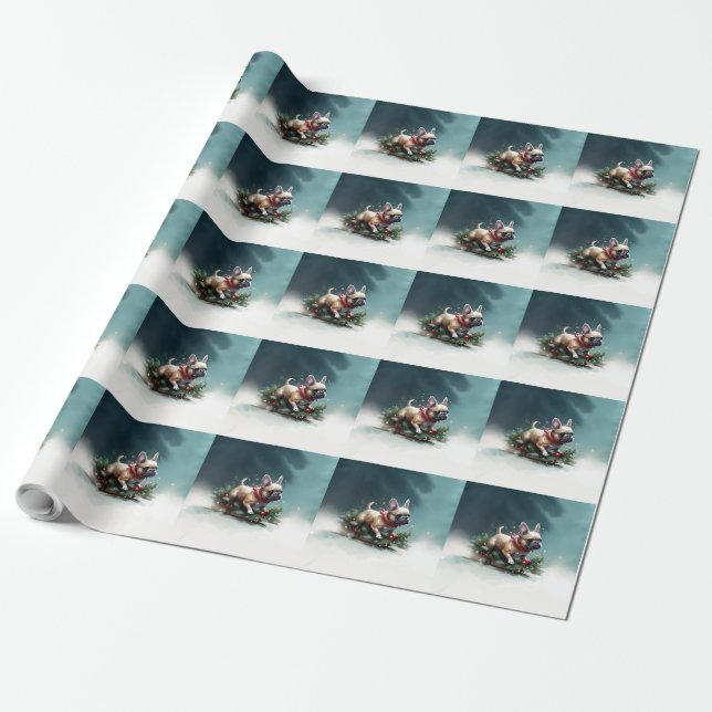 Papel De Presente Bulldog Francês Natal neve inverno (Desenrolado)