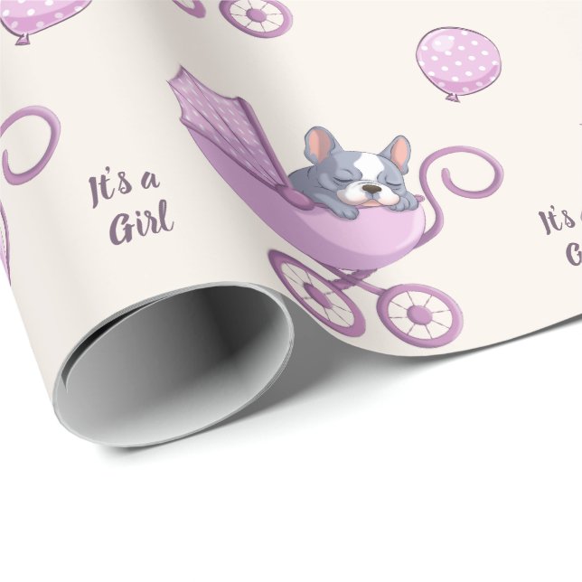 Papel De Presente Bulldog Francês no Carrinho de Bebê Rosa Chuvinha  (Ponta do rolo)