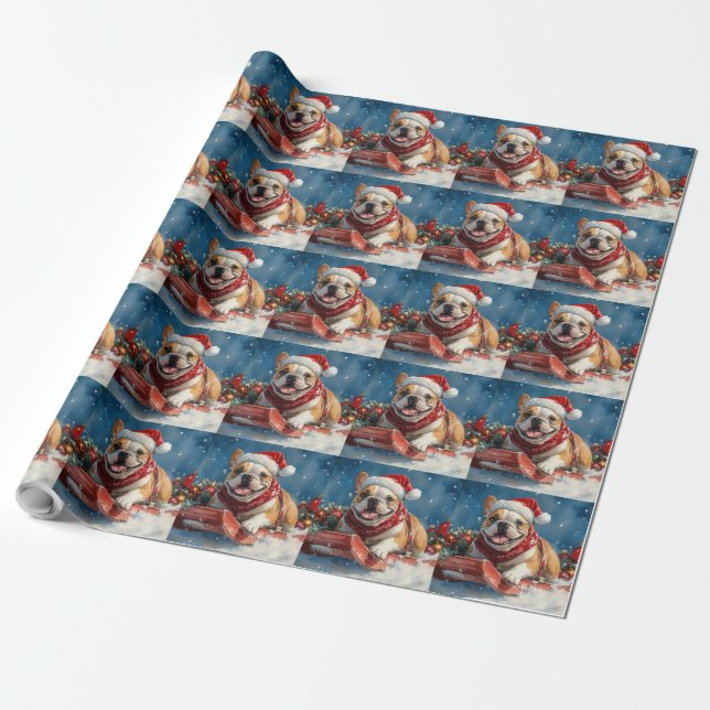 Papel De Presente Bulldog no Trenó Deixe Nevar Natal (Desenrolado)