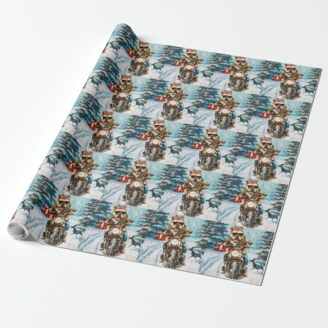 Papel De Presente Bulldog Pilotando Moto de Natal (Desenrolado)