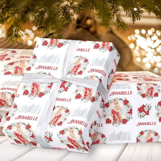 Papel De Presente Bunny Poinsettia Watercolor Nome Natal (Bunny Poinsettia Watercolor Name Christmas Wrapping Paper)