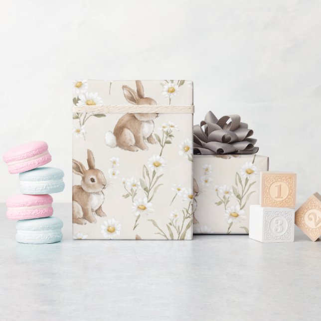 Papel De Presente Bunny Rabbits Daisy Flowers (Chá de bebê)