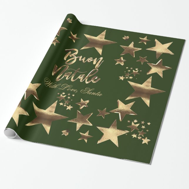 Papel De Presente Buon Natale Stars Green Dourado Natal (Desenrolado)