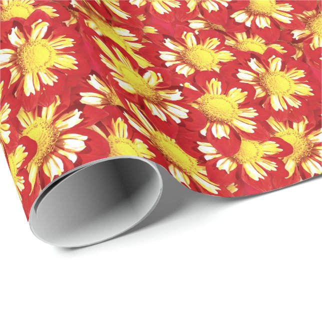 Papel De Presente Buquê Dahlia - vermelho e branco com amarelo (Ponta do rolo)