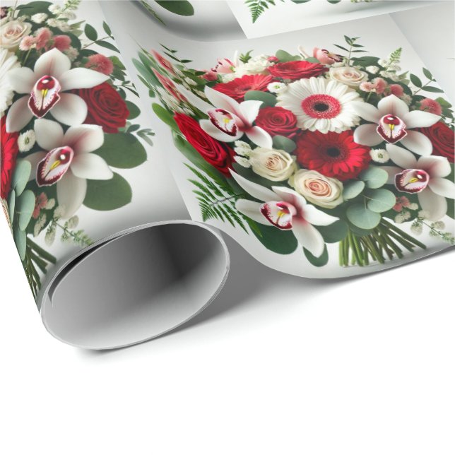 Papel De Presente Buquê de Flores Orquídeas Gerbera Rosas (Ponta do rolo)