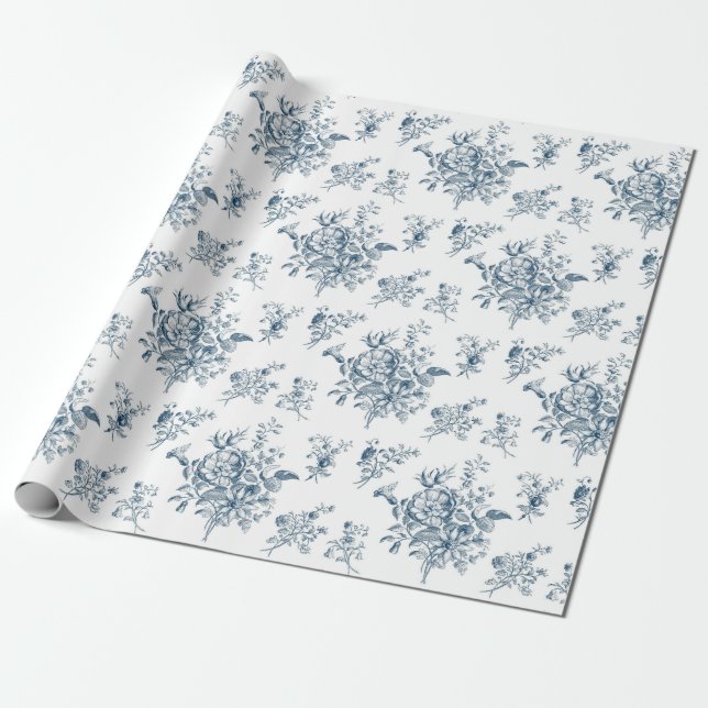 Papel De Presente Buquê de Imagem Floral Azul Elegante (Desenrolado)