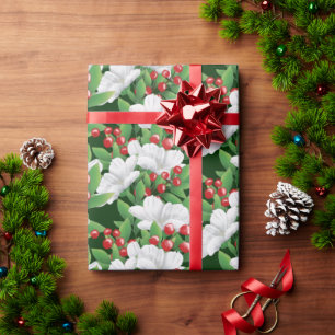 Papel De Presente Buquê de inverno Vermelho Branco Verde Floral   Ve