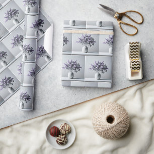 Papel De Presente Buquê de Lilases Roxos e Folhas Prateadas