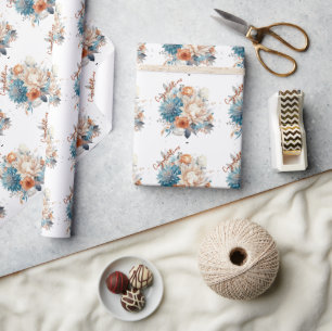 Papel De Presente Buquê de Noiva Blue Mums Peônias Rosa