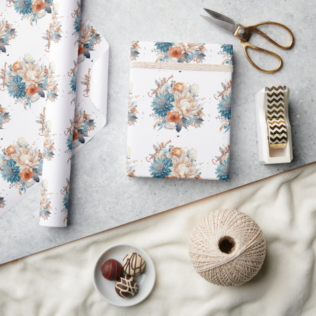 Papel De Presente Buquê de Noiva Blue Mums Peônias Rosa (Artesanato)