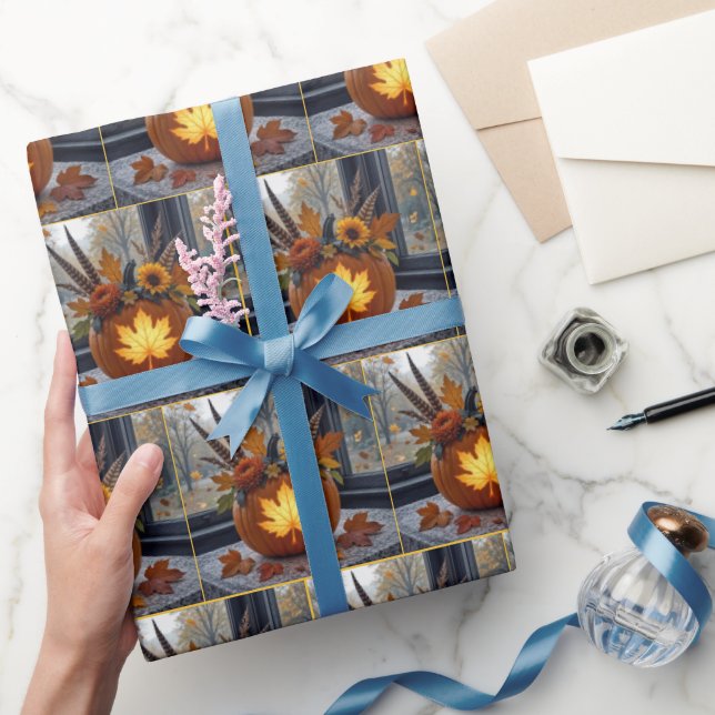 Papel De Presente Buquê de outono em abóbora laranja (Presentear)
