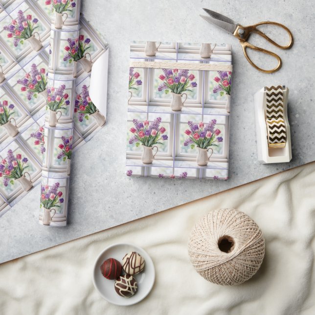 Papel De Presente Buquê de Tulipas e Lilases da Primavera (Artesanato)