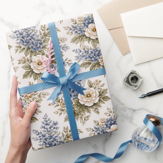 Papel De Presente Buquê Floral Azul Marfim Antigo (Presentear)
