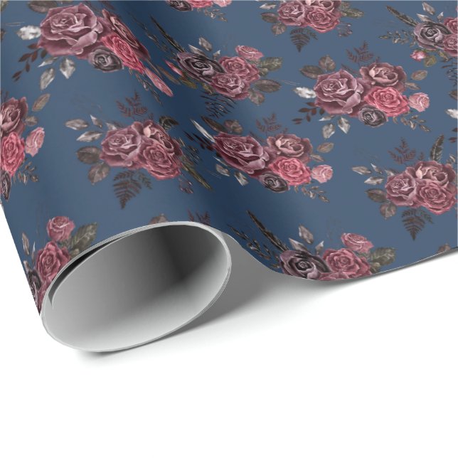 Papel De Presente Buquê Floral Borgonha com Azul Prussiano (Ponta do rolo)