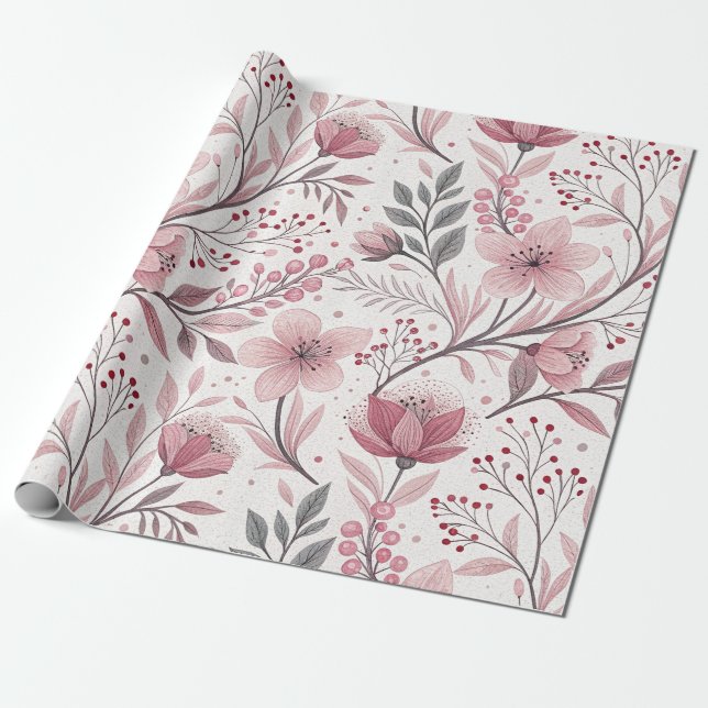 Papel De Presente Buquê Floral Rosa com Acentos de Frutas (Desenrolado)