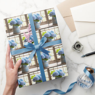 Papel De Presente Buquê Hydrangea Azul Na Janela