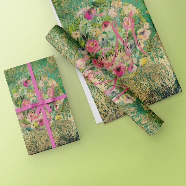 Papel De Presente Buquê redondo floral Monograma verde Dourado (Criador carregado)