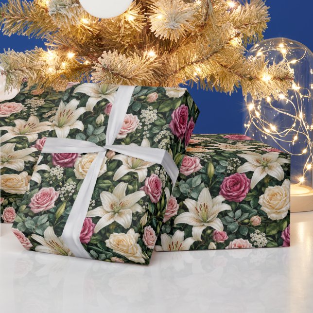 Papel De Presente Buquê Sofisticado de Rosa Lírio Folhagem (Feriados)