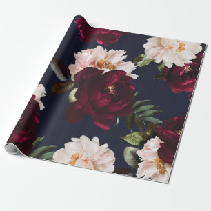 Papel De Presente Burgundy Blush Azul Marinho Floral Peônias Dark Mo