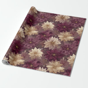 Papel De Presente Burgundy Brilho Dourado Floco de Neve Glam Inverno