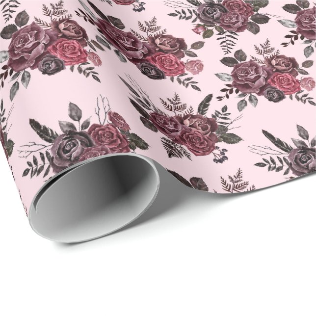 Papel De Presente Burgundy Floral Buquê a Rosa Suave (Ponta do rolo)