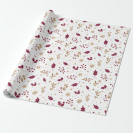 Papel De Presente Burgundy Holly & Gold Christmas Wrapping Paper
