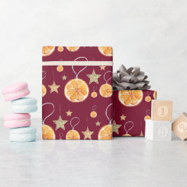 Papel De Presente Burgundy Laranjas e Estrelas No Branco de Inverno