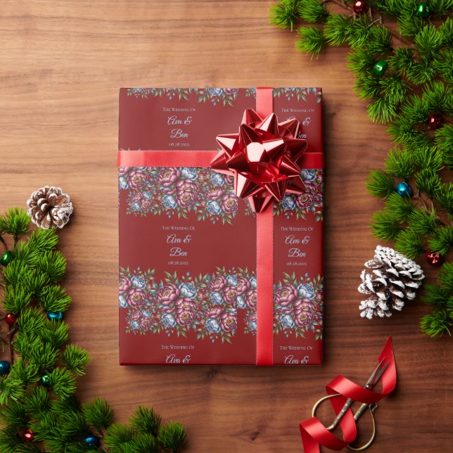 Papel De Presente Burgundy Peony e Blue Rosa Weding (Presente de Natal)