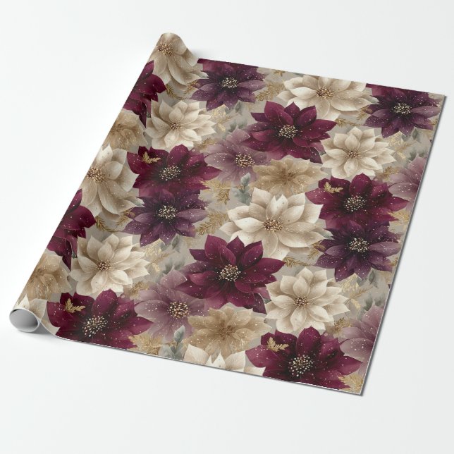 Papel De Presente Burgundy Poinsettia Christmas Pattern (5) (Desenrolado)