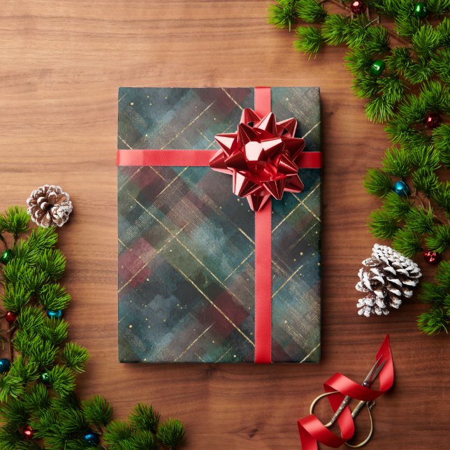 Papel De Presente Burgundy Red Blue Green Gold Plaid Christmas (Presente de Natal)