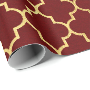 Papel De Presente Burgundy Red Maroon Ouro Quatrefoil Art Deco