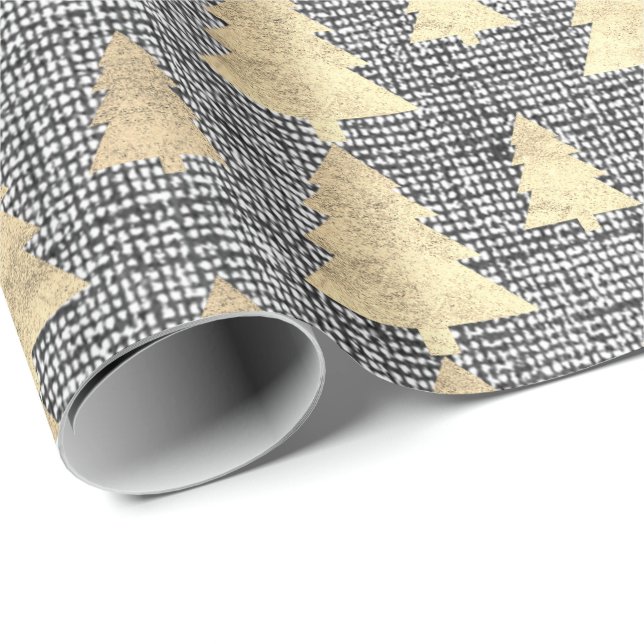 Papel De Presente Burlap Linen Cottage, Dourada Árvore de Natal (Ponta do rolo)