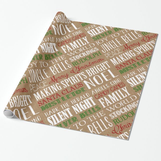 Papel De Presente Burlap Typografia Rustic Christmas Wrappaper (Desenrolado)