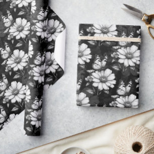 Papel De Presente Butterfly On Flower Patterne Design - Preto