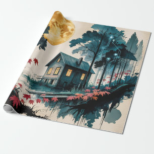 Papel De Presente Cabana ao Luar Floresta Japonesa Arte (1)