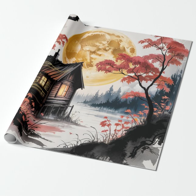 Papel De Presente Cabana ao Luar Floresta Japonesa Arte (7) (Desenrolado)