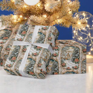 Papel De Presente Cabana de Natal Vintage com Flores de Poinsettia
