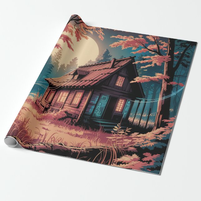 Papel De Presente Cabana Japonesa ao Luar Arte (2) (Desenrolado)