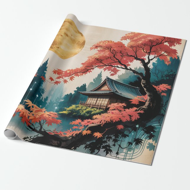 Papel De Presente Cabana Japonesa ao Luar Arte (4) (Desenrolado)
