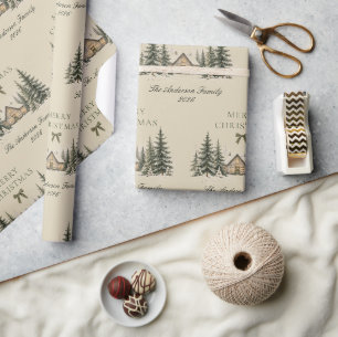 Papel De Presente Cabana Rústica de Pinheiro de Inverno Bege Feliz N