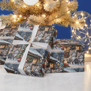 Papel De Presente Cabana Rústica, Gatinhos Fofos e Árvore de Natal