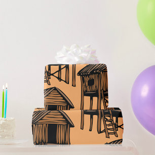 Papel De Presente Cabana Tradicional de Palafita com Telhado de Palh