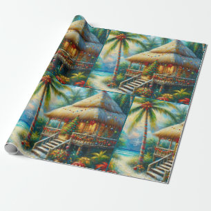 Papel De Presente Cabana Tropical Árvore de Natal Palma Praia Decoup