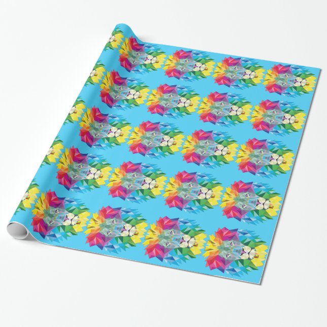 Papel De Presente Cabeça de Leão Geométrico Azul (Desenrolado)