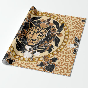 Papel De Presente cabeça de leopardo rodeada por orquídeas, corren