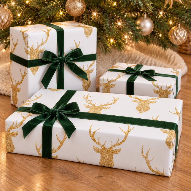 Papel De Presente Cabeça de Veado em Silhueta com Brilho Dourado (Wrap holiday presents in style with this wrapping paper featuring a repeating faux gold glitter deer)