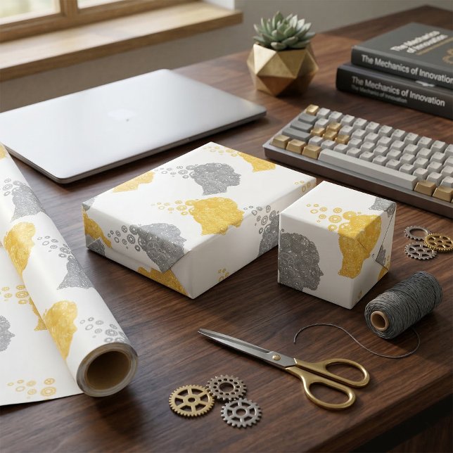 Papel De Presente Cabeças de Engrenagens de Poder Cerebral Steampunk (Criador carregado)