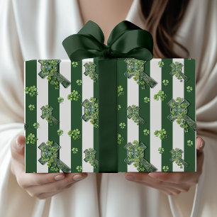 Papel De Presente Caça Verde Listras Vintage Trevo Cruz