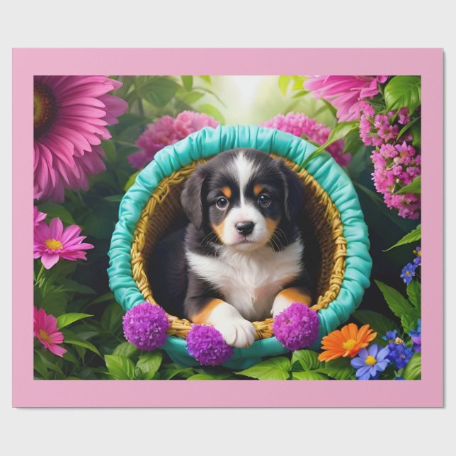 Papel De Presente Cachorrinho Fofo em uma Cesta (Aberto)
