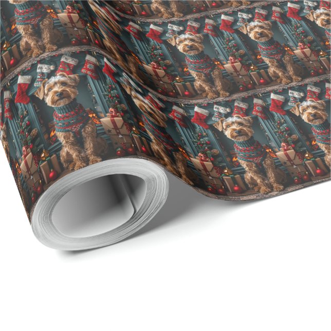 Papel De Presente Cachorro Airedale com Presentes de Natal Lareira (Ponta do rolo)